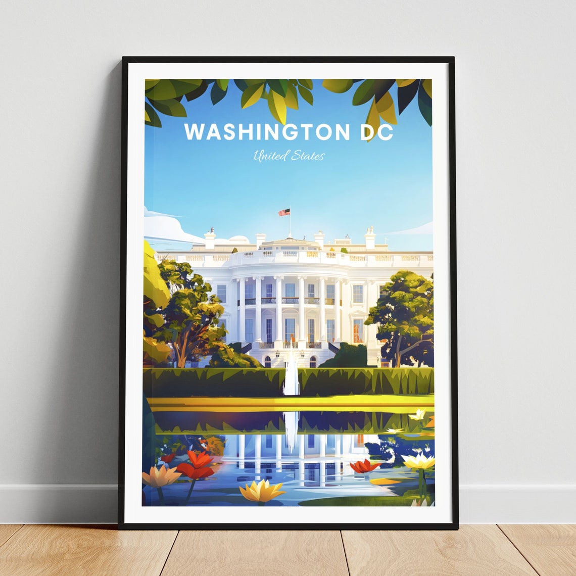 Washington DC White House Reflecting Pool Flowers Travel Poster