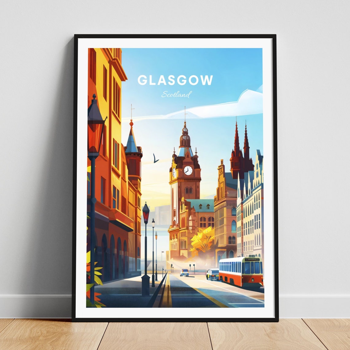 Glasgow Scotland Golden Sunset Tram Street Clock Tower City Poster
