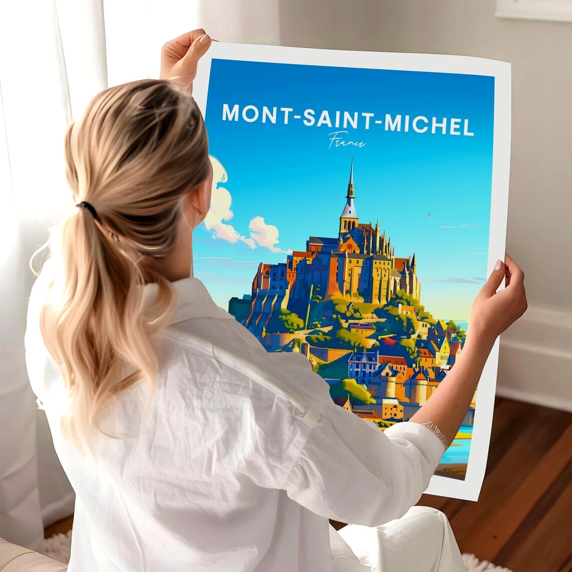 Mont Saint Michel Poster: Abbey on the Island Rock at Golden Sunset - Image 3