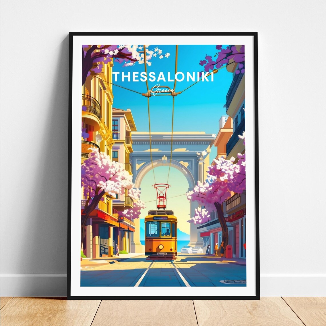 Thessaloniki Greece Yellow Tram Arch Blossom Street Travel Poster