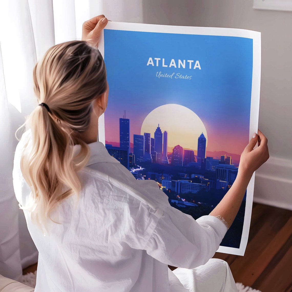 Atlanta Georgia Skyline at Sunset Under Big Sun Travel Poster - Image 3