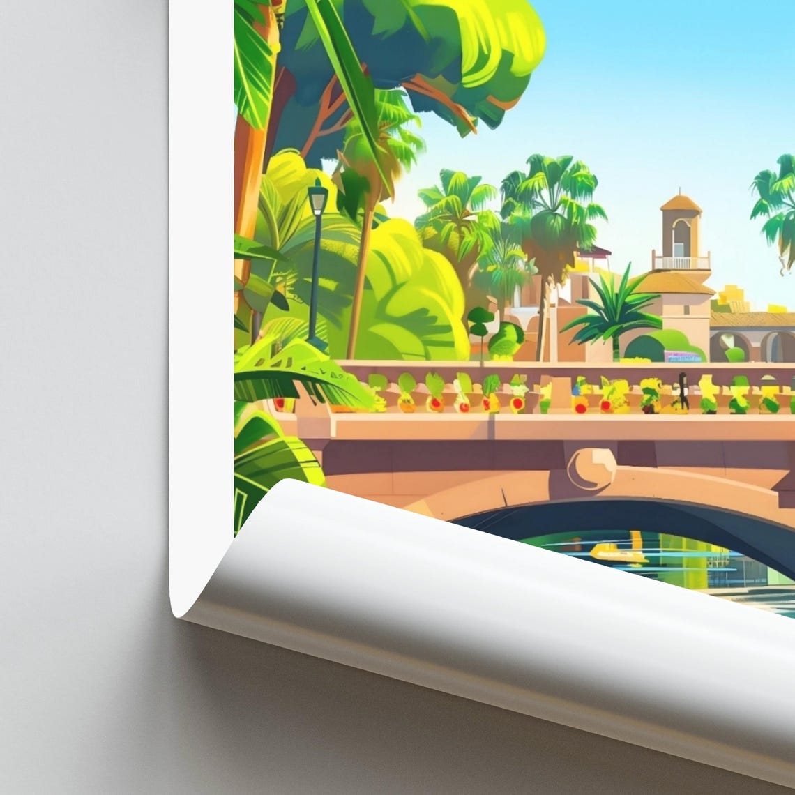 Valencia Spain Canal Boat Under Stone Bridge Palm Trees Poster - Image 2