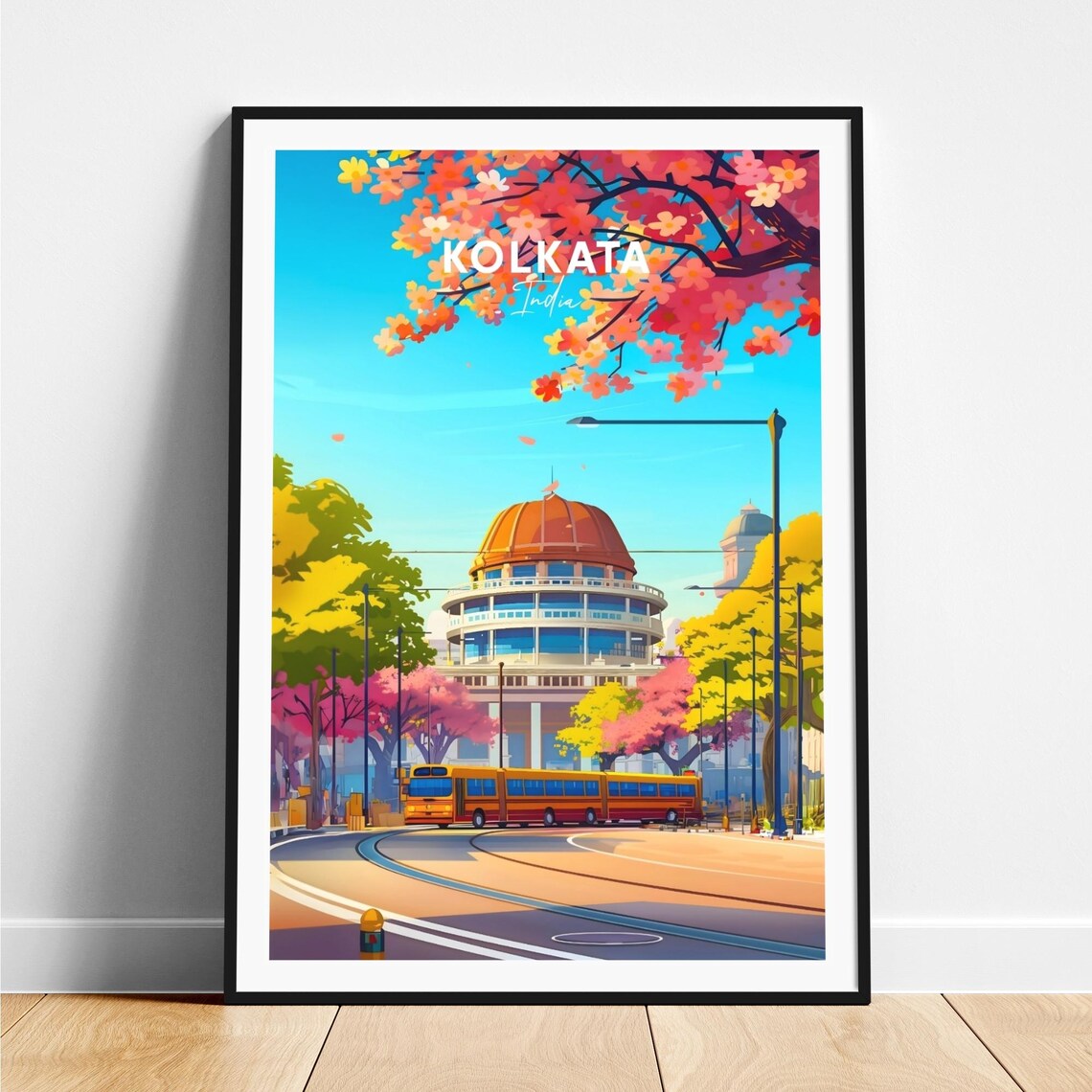 Kolkata India Domed Landmark Bus Blossom Trees Travel Poster