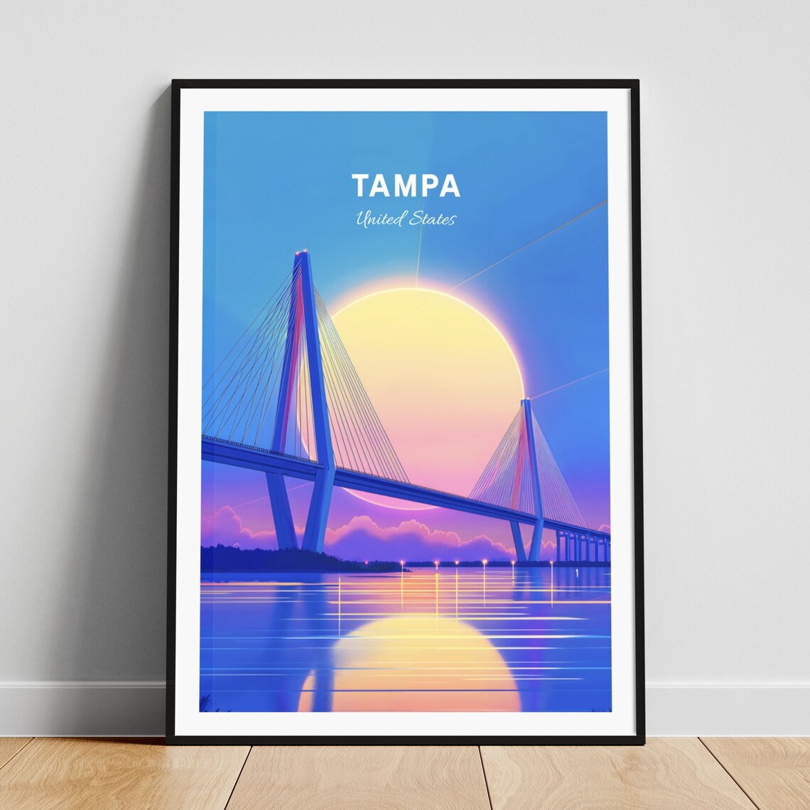 Tampa Bay Cable Stayed Bridge Sunset Over Water Retro Poster
