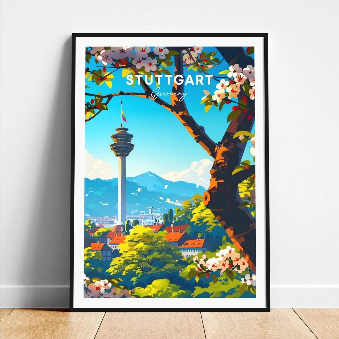 Stuttgart TV Tower Blossom Trees Spring Germany Travel Poster