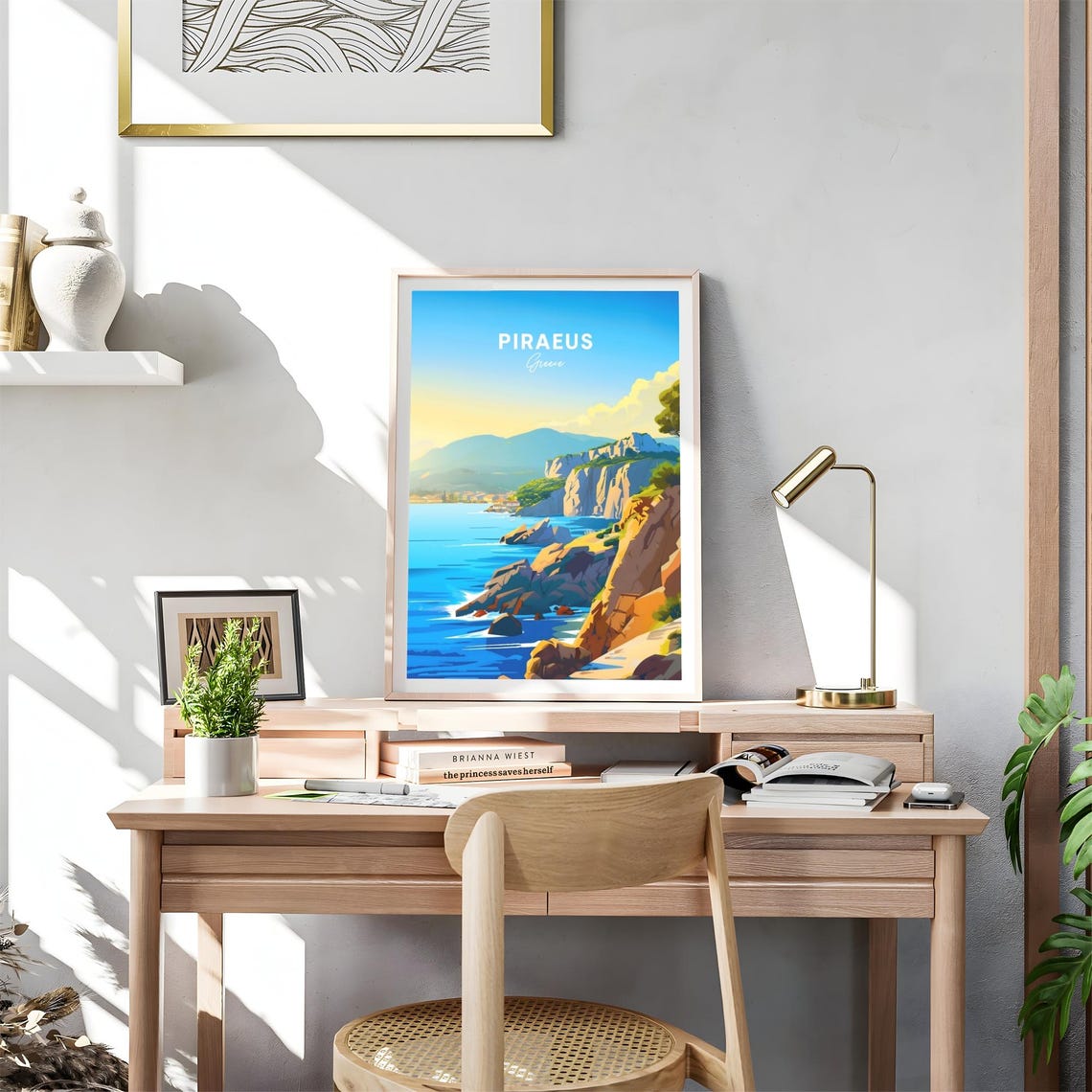 Piraeus Greece Rocky Cliffs Coastline Seaside Village Travel Poster - Image 4