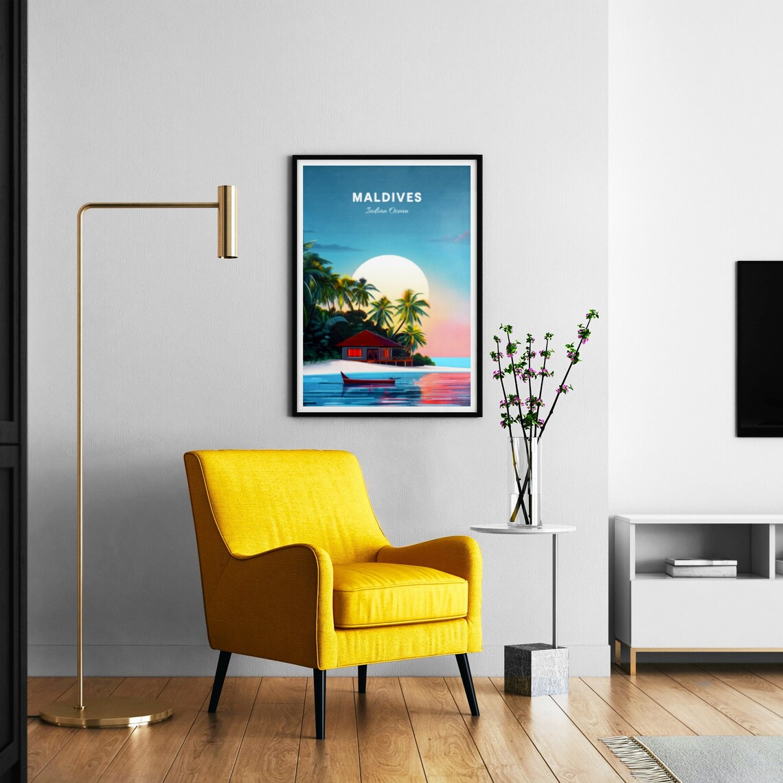 Maldives Beach Hut Golden Sunset Sailboat Vintage Travel Wall Poster - Image 3