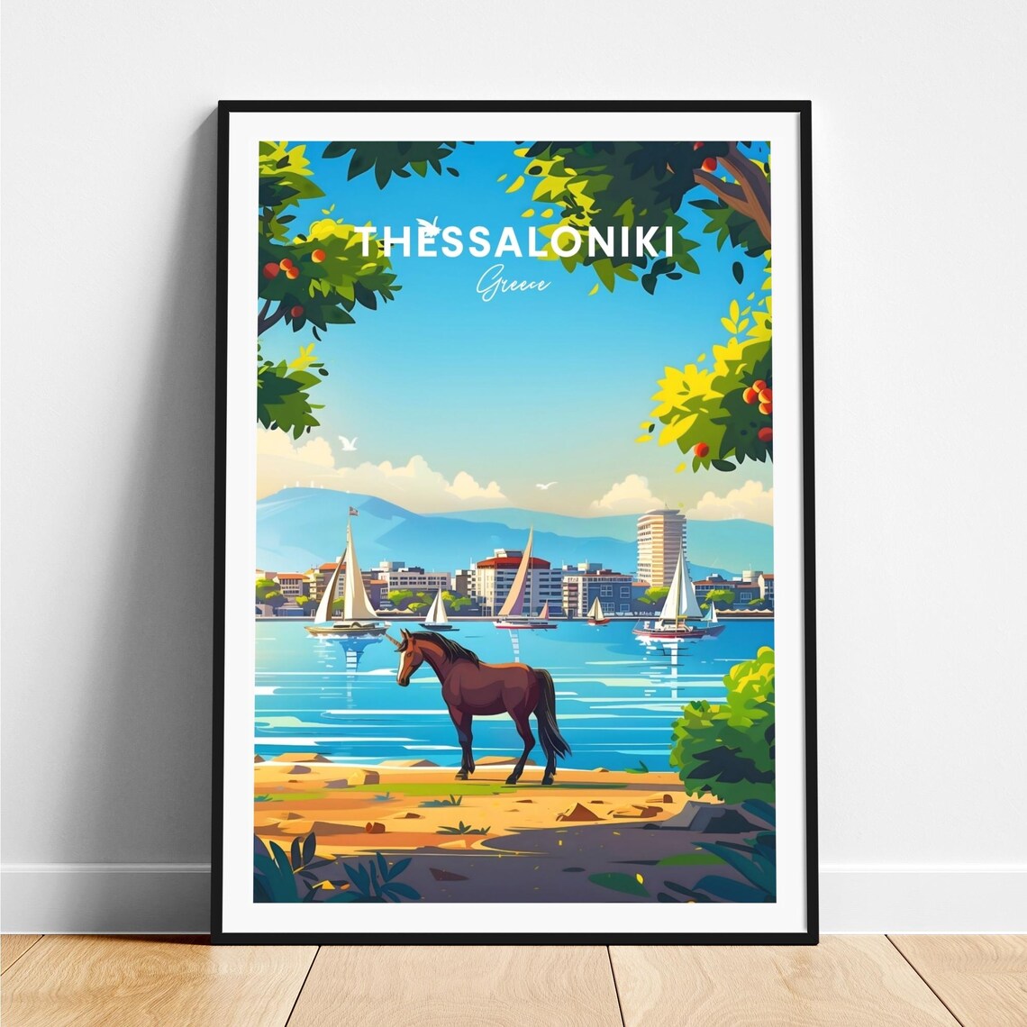 Thessaloniki Greece Sailboats Bay Horse Shore View Art Poster
