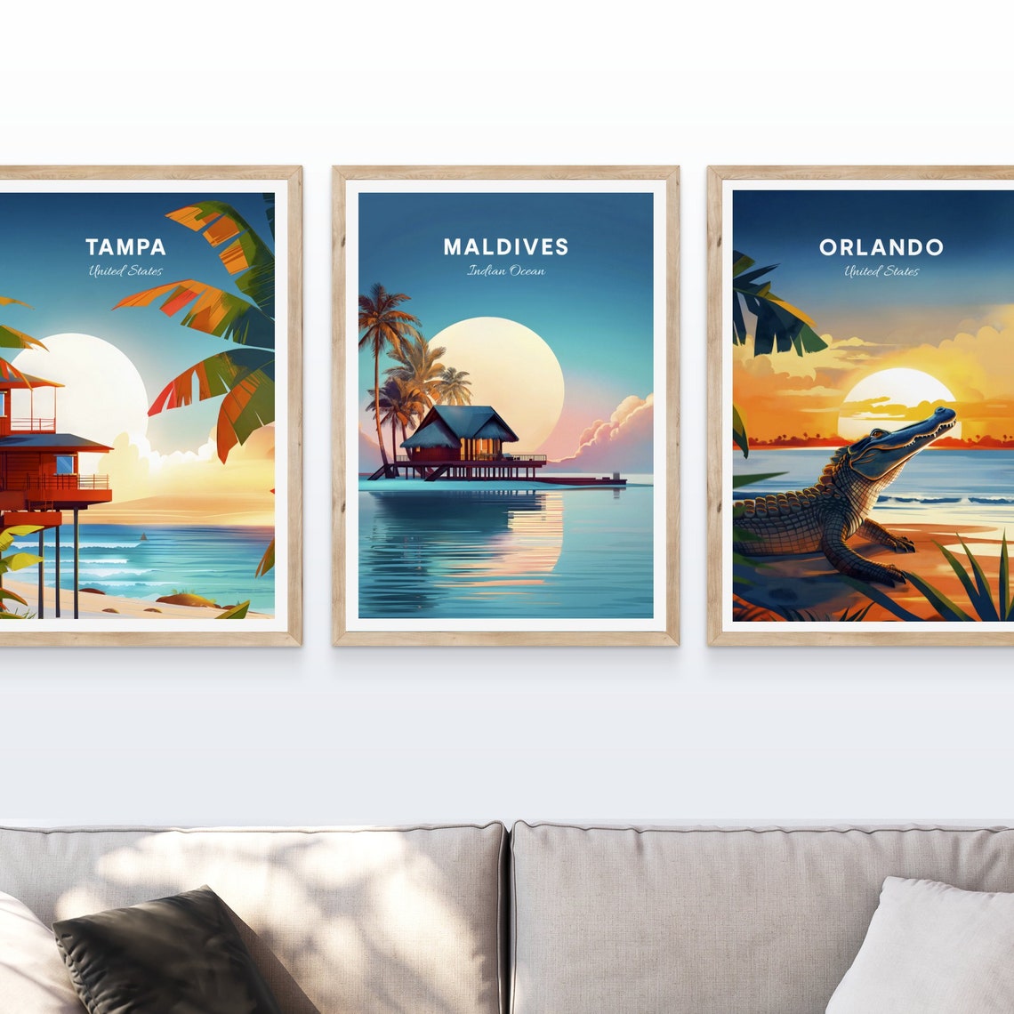 Maldives Overwater Bungalow Moonlight Sunset Palm Trees Travel Poster - Image 4