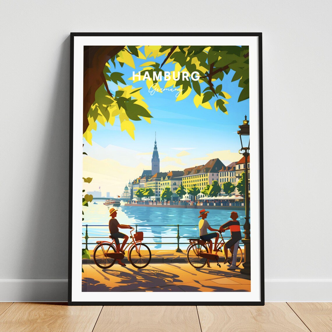 Hamburg Germany Riverside Cyclists Church Spire Vintage Travel Poster