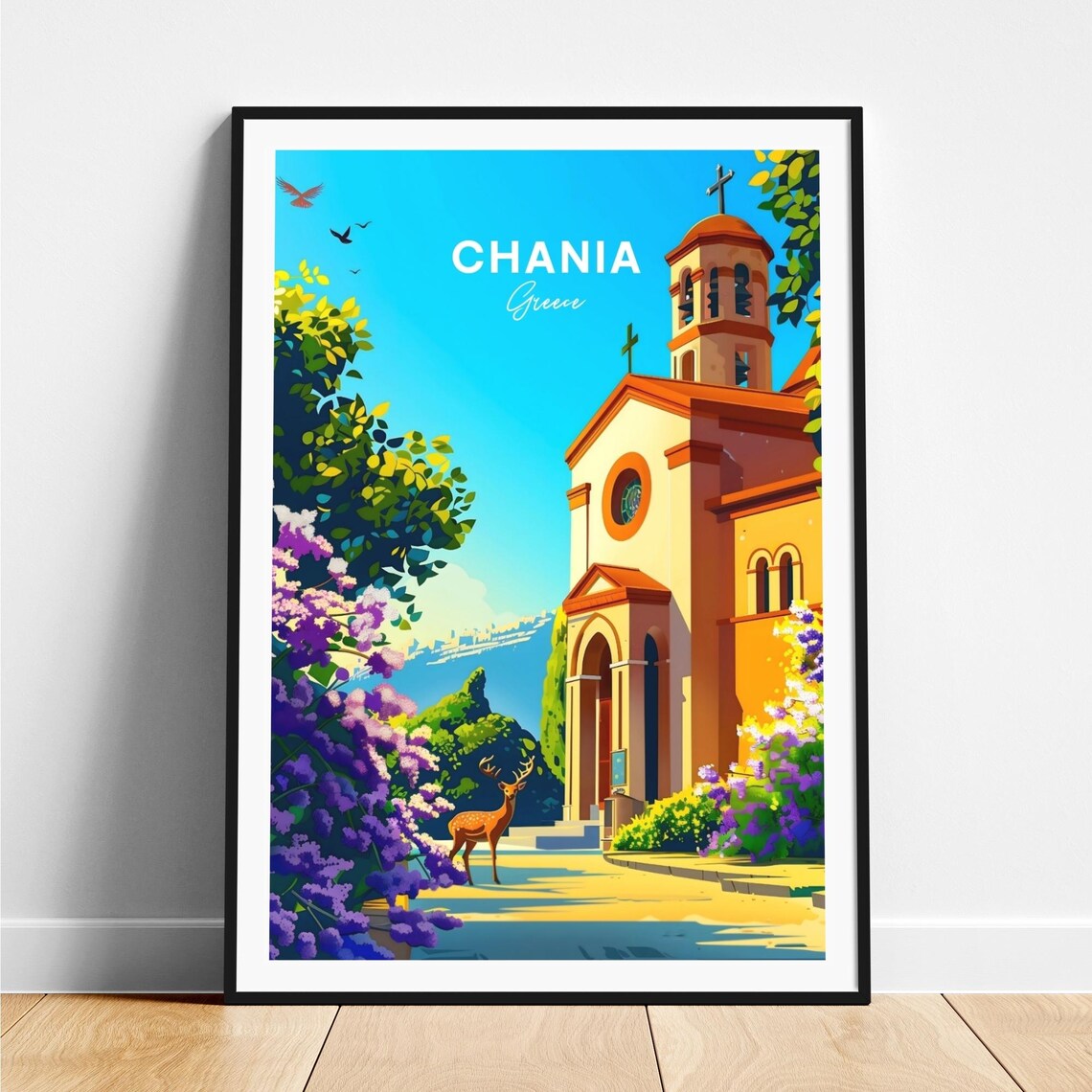 Chania Greece Church Deer Wisteria Bloom Garden Travel Poster