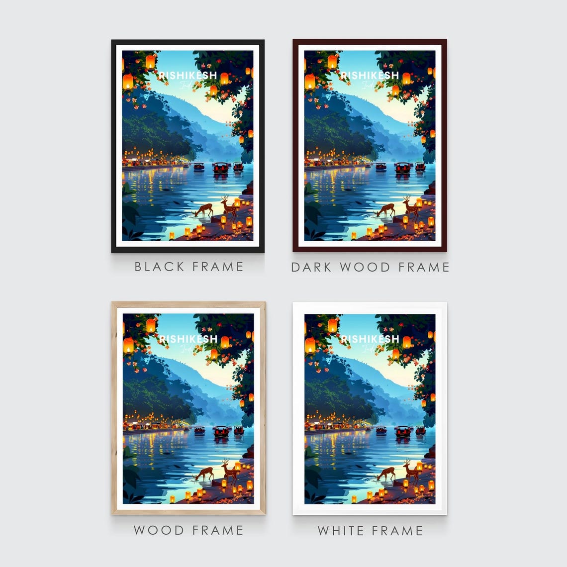 Rishikesh India Evening River Lanterns Deer and Boats Poster - Image 3