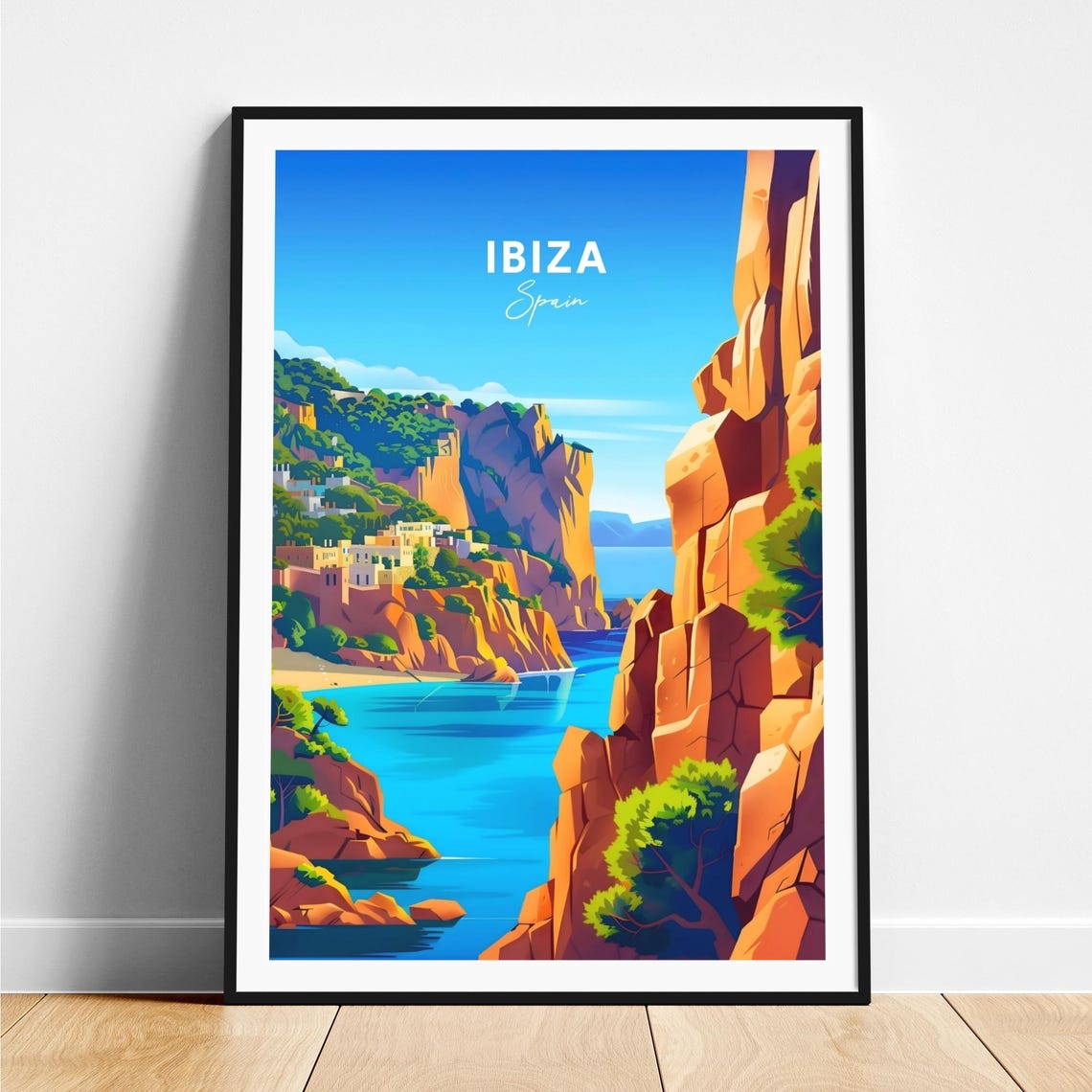 Ibiza Spain Sunlit Red Cliffs Turquoise Bay Cliffside Village Poster