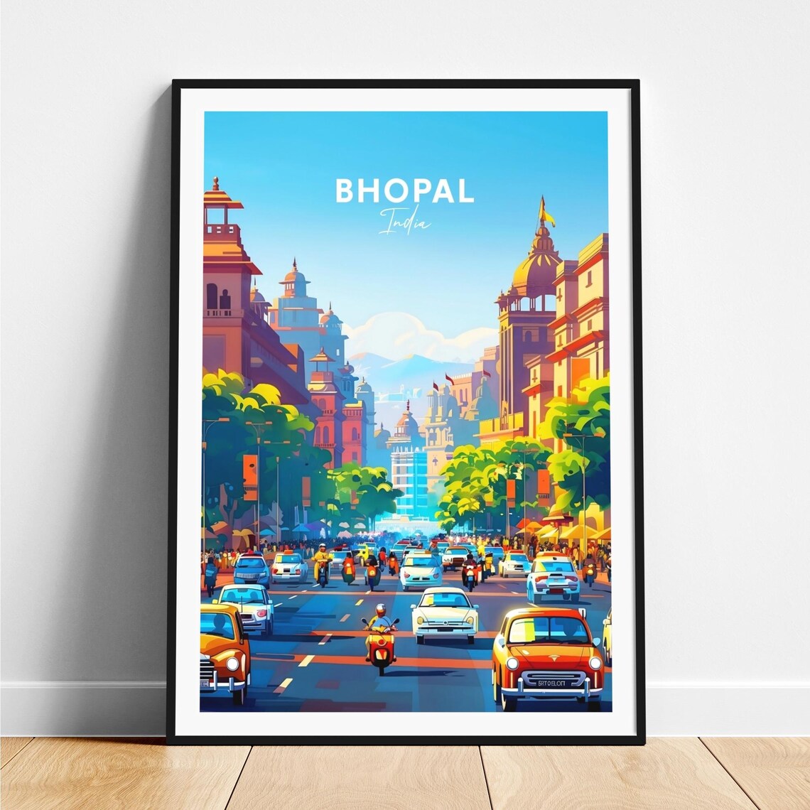 Bhopal India Busy Street Vintage Cars City Life Travel Poster