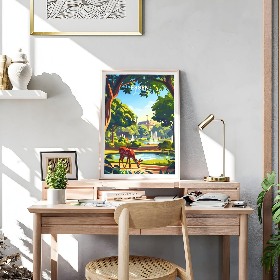 Essen Germany Park Fountain Deer Sunny Garden View Art Poster - Image 4