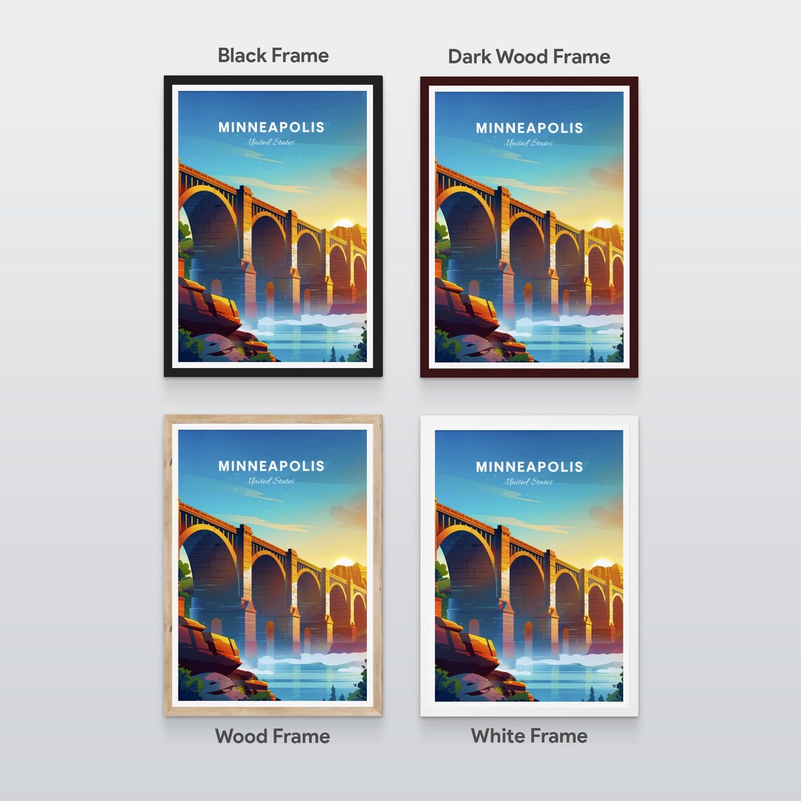 Minneapolis Minnesota Stone Arch Bridge Golden Sunset Travel Poster - Image 2