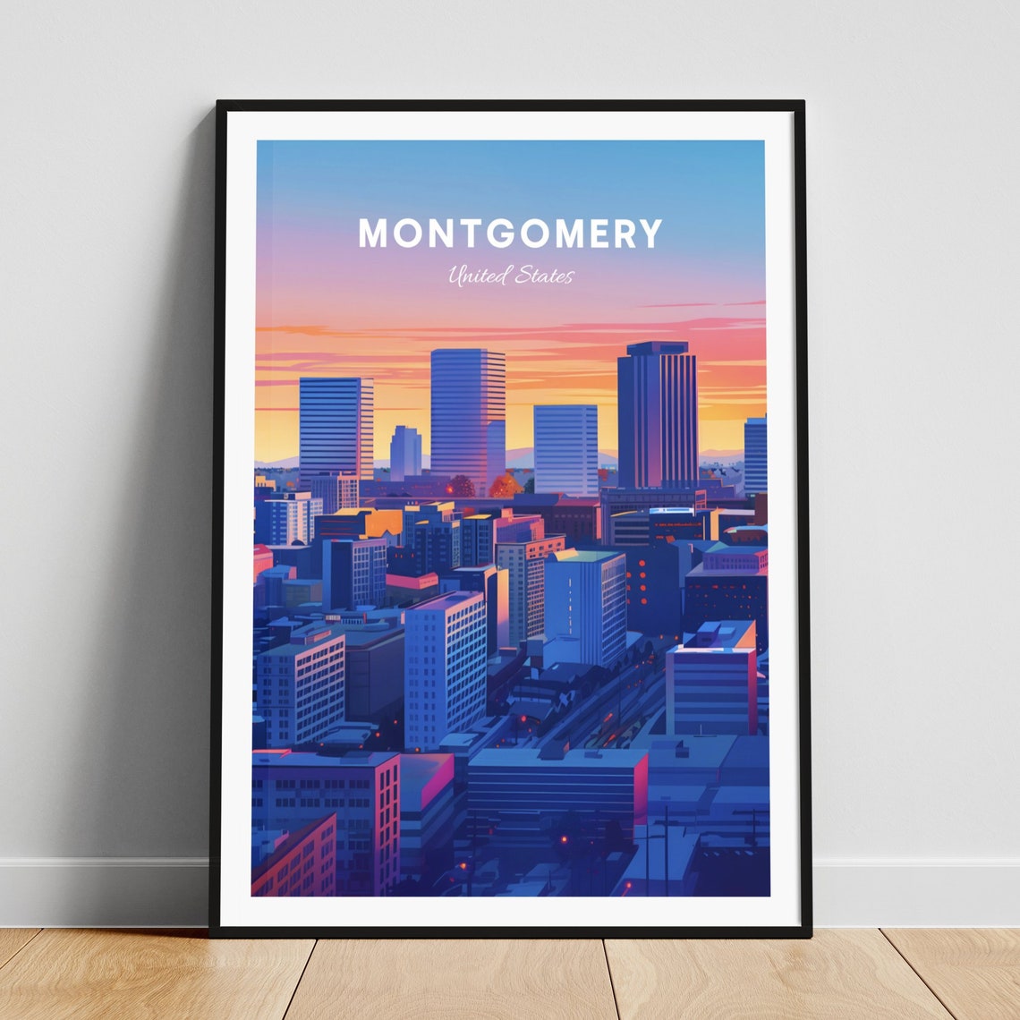 Montgomery Alabama Downtown Sunset Orange Skyline Travel Poster