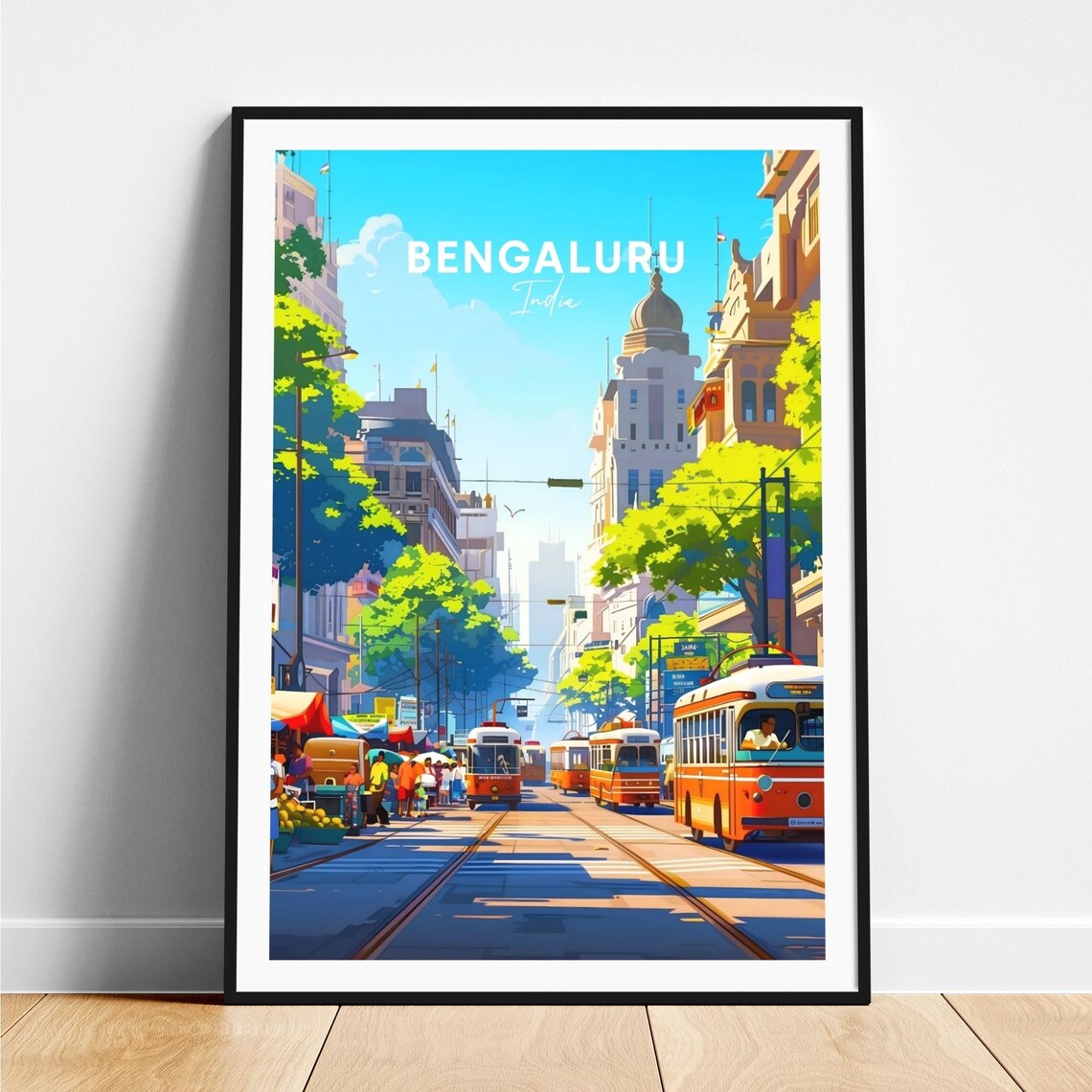 Bengaluru India Orange Trams Market Day Street Travel Poster