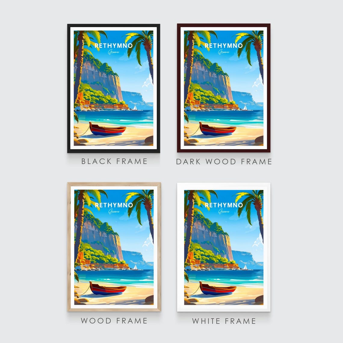 Rethymno Greece Palm Beach Red Wooden Boat Vintage Travel Poster - Image 3