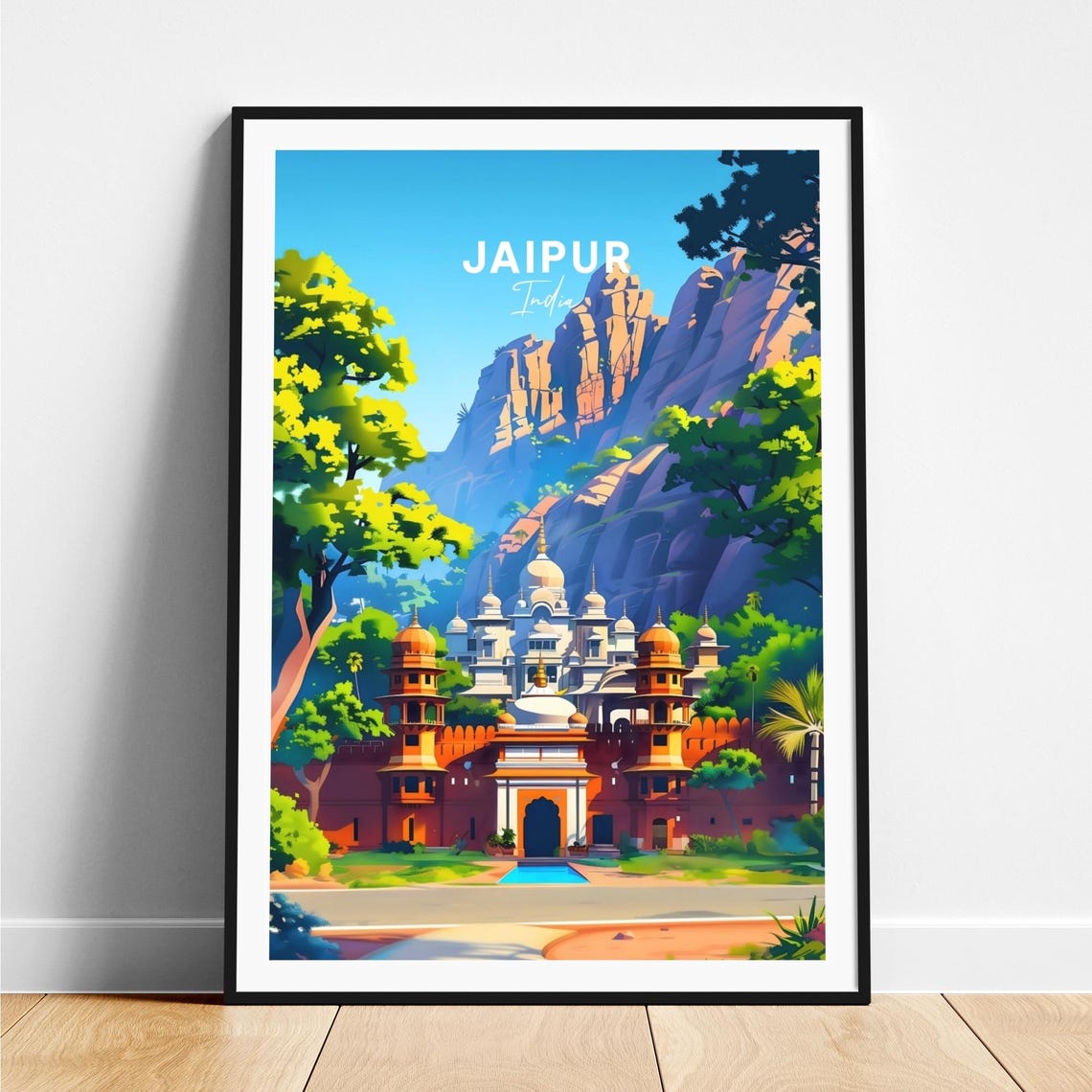 Majestic Jaipur India Mountain Palace Beneath Rocky Cliffs Poster
