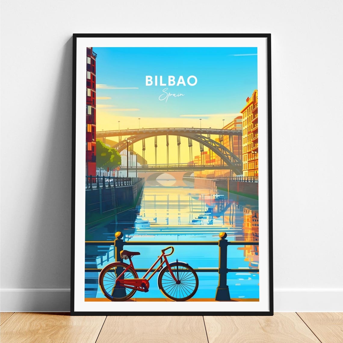 Bilbao Spain Golden River Arched Bridge Red Bicycle Morning Poster
