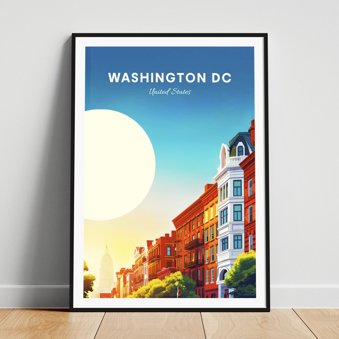 Washington DC Row Houses Street Capitol Sun Travel Art Poster