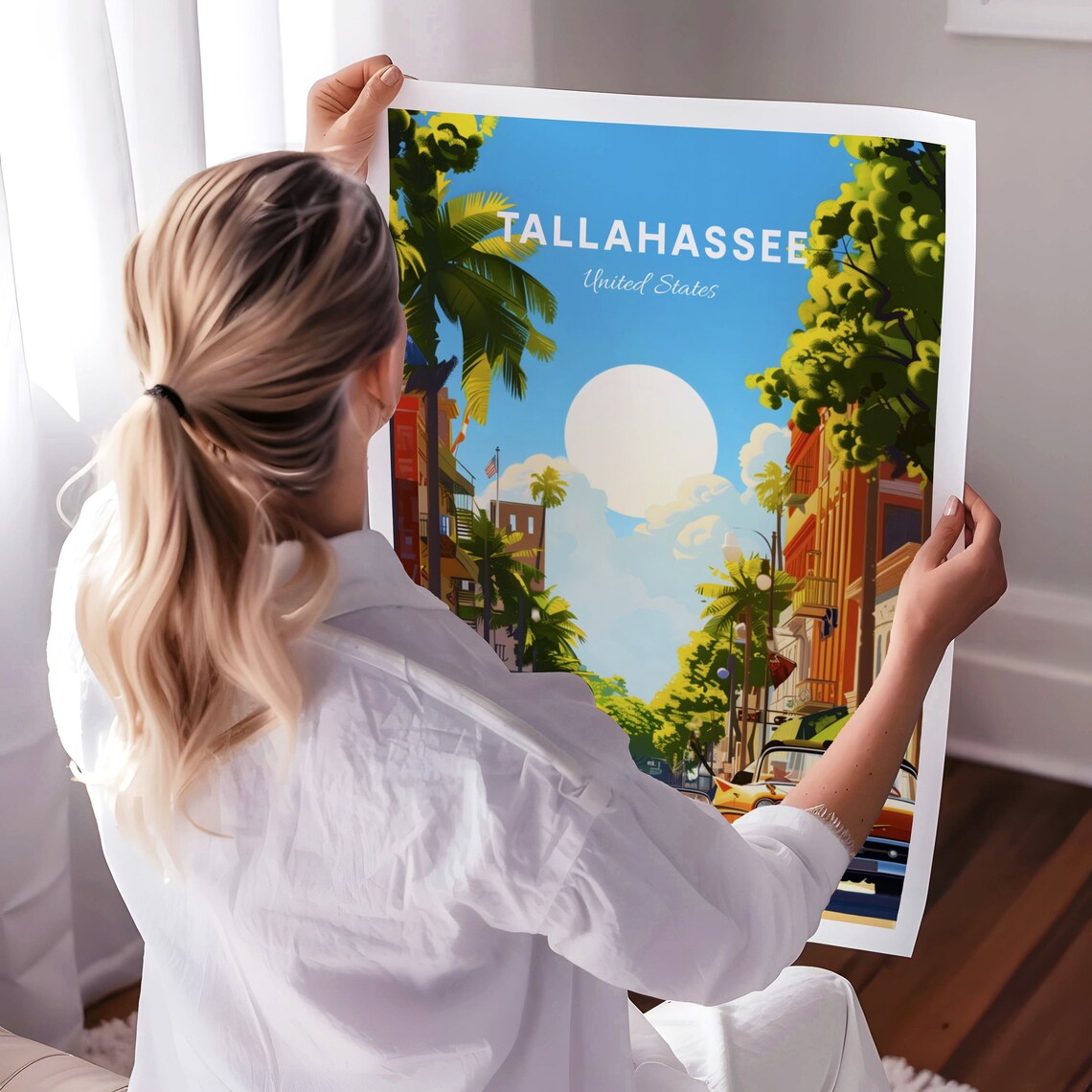 Tallahassee Florida Retro Street Vintage Cars Palm Trees Poster - Image 3