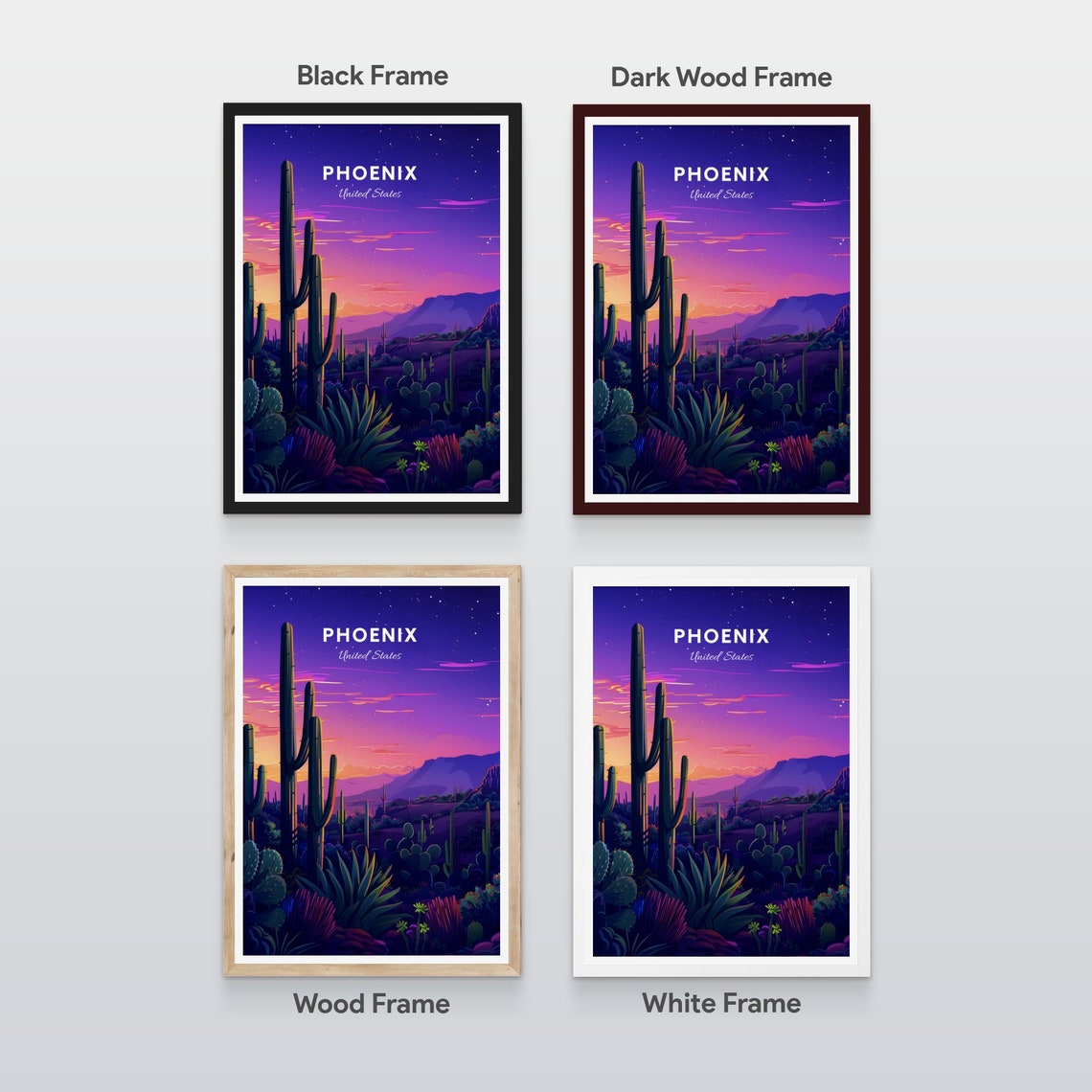 Phoenix Arizona Starry Night Desert Saguaro Cactus Travel Poster - Image 2
