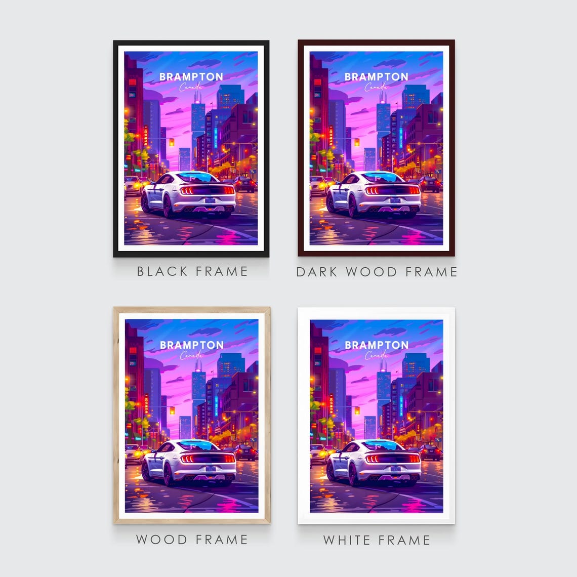 Brampton Canada White Mustang Night Street Neon Glow Scene Poster - Image 3