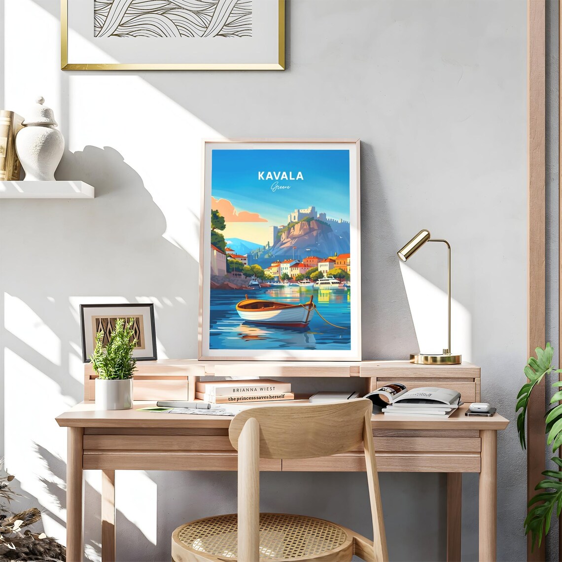 Kavala Greece Rowboat in the Harbor with Hilltop Fortress Poster - Image 4