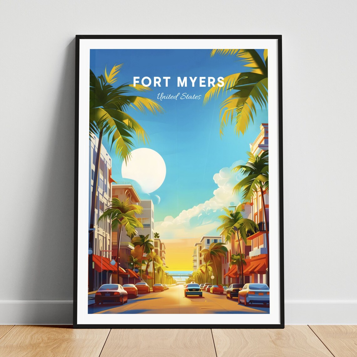 Fort Myers Florida Palm Lined Downtown Street Cars Travel Poster