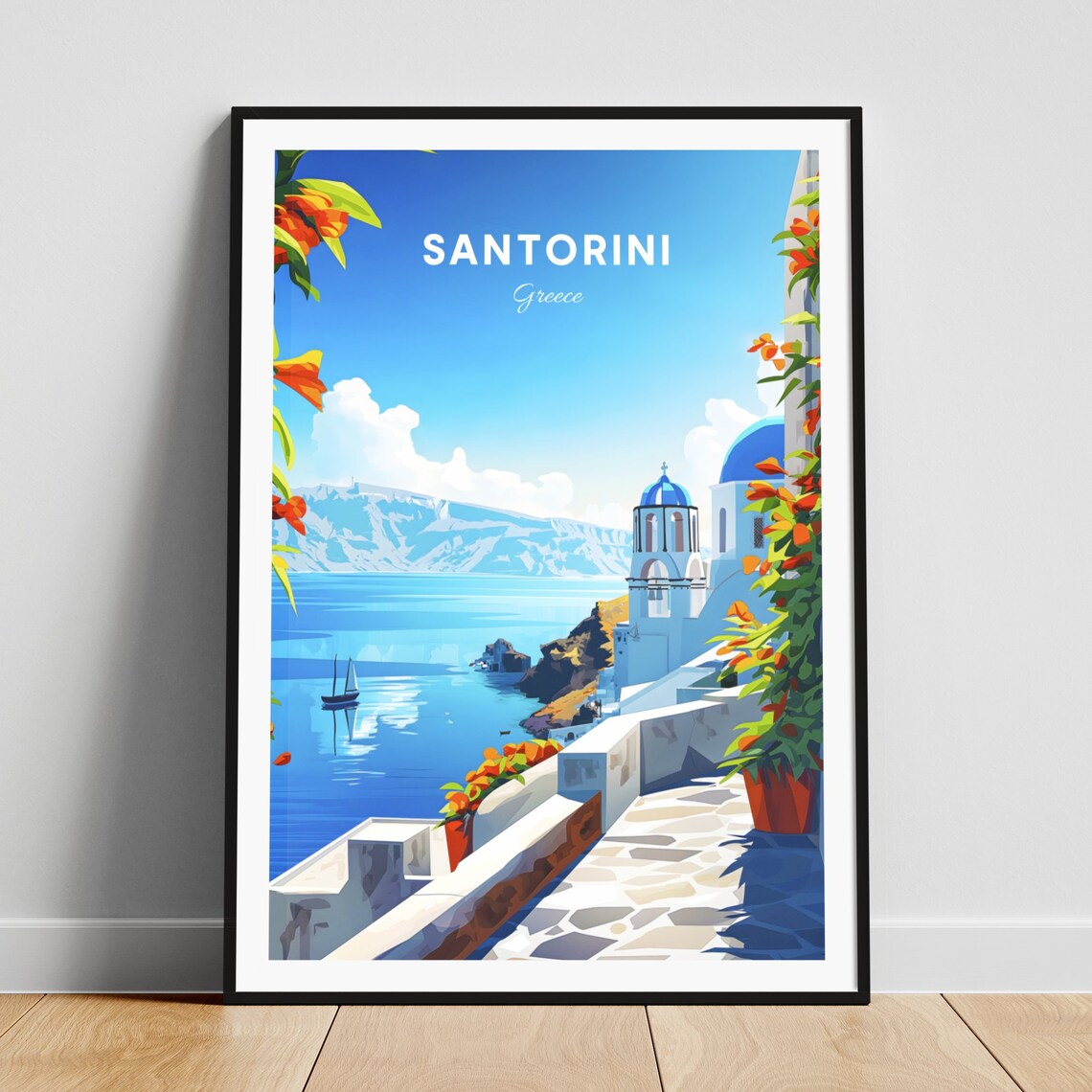 Santorini Greece Blue Dome Church Terrace Sailboat Travel Poster