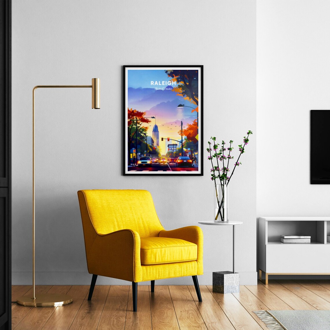 Raleigh NC Glowing Downtown Street Sunset Skyline Travel Poster - Image 3