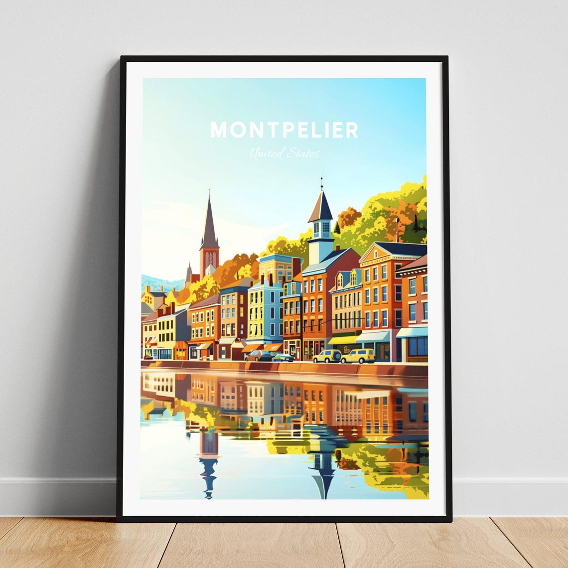 Montpelier Vermont Riverside Brick Town Reflection Scene Poster
