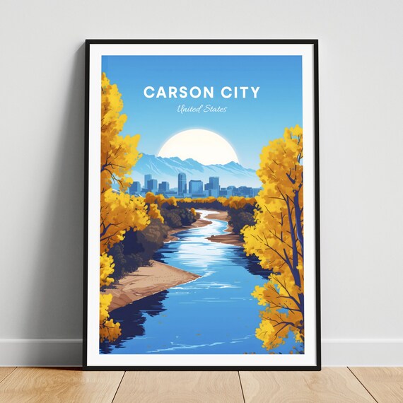 Carson City River Autumn Trees Big Sun Skyline Travel Poster