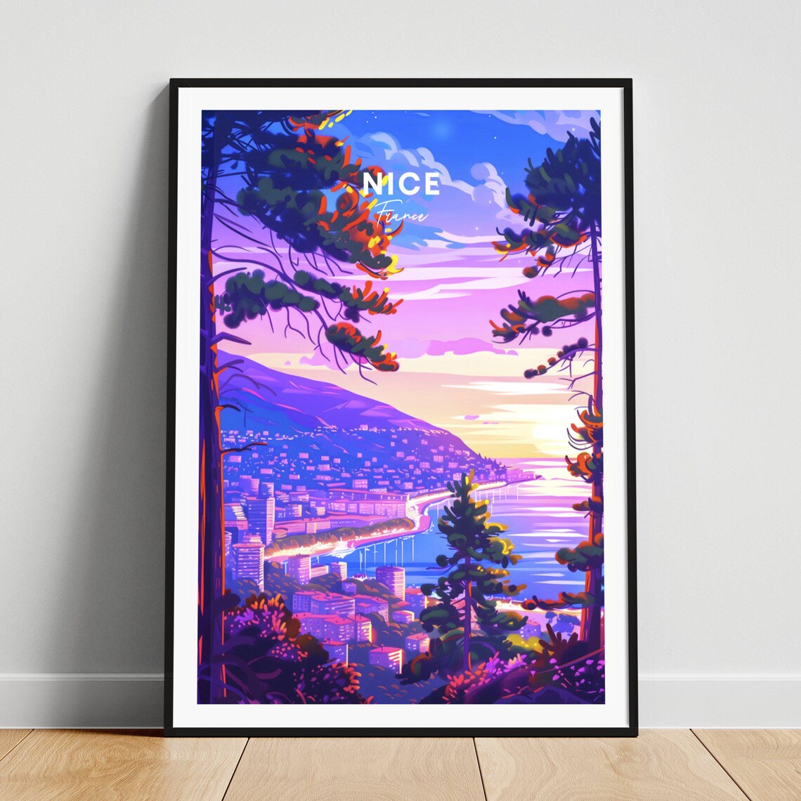 Nice France French Riviera Sunset Bay View Coastal Travel Poster