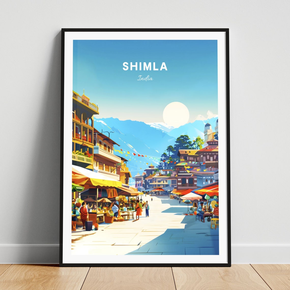 Shimla India Bustling Market Street Snow Mountain View Poster