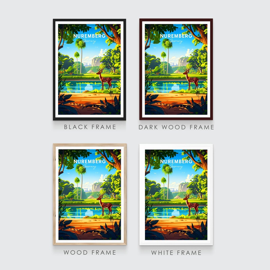 Nuremberg Germany Deer Lake Palm Trees Bright Nature Travel Poster - Image 3