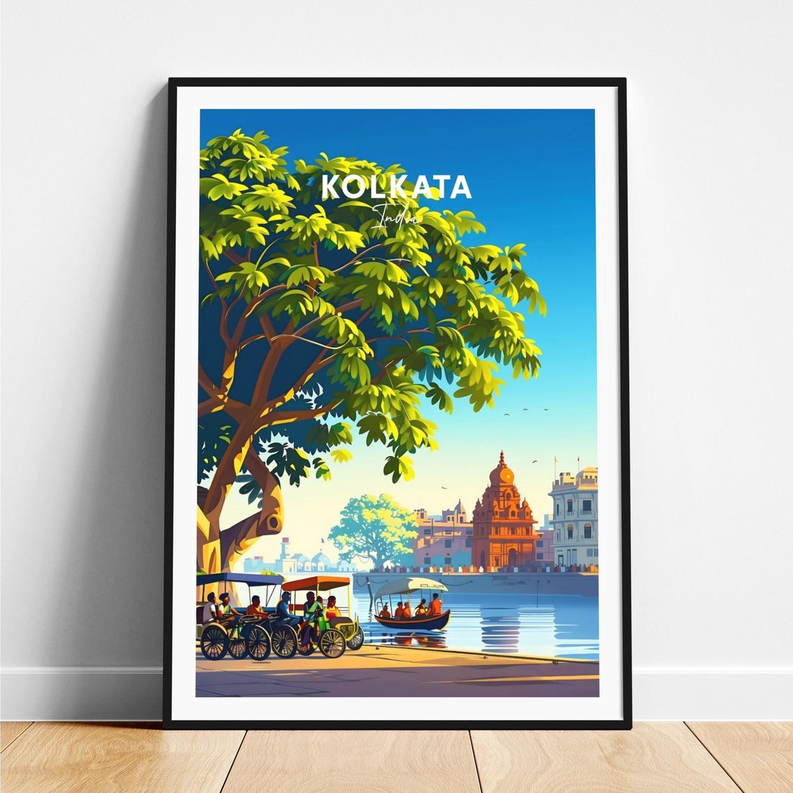 Kolkata India Riverside with Rickshaws and Temple Travel Poster