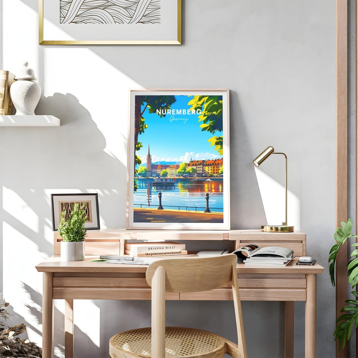 Nuremberg Germany Riverside Boats Church Spire Day View Art Poster - Image 4