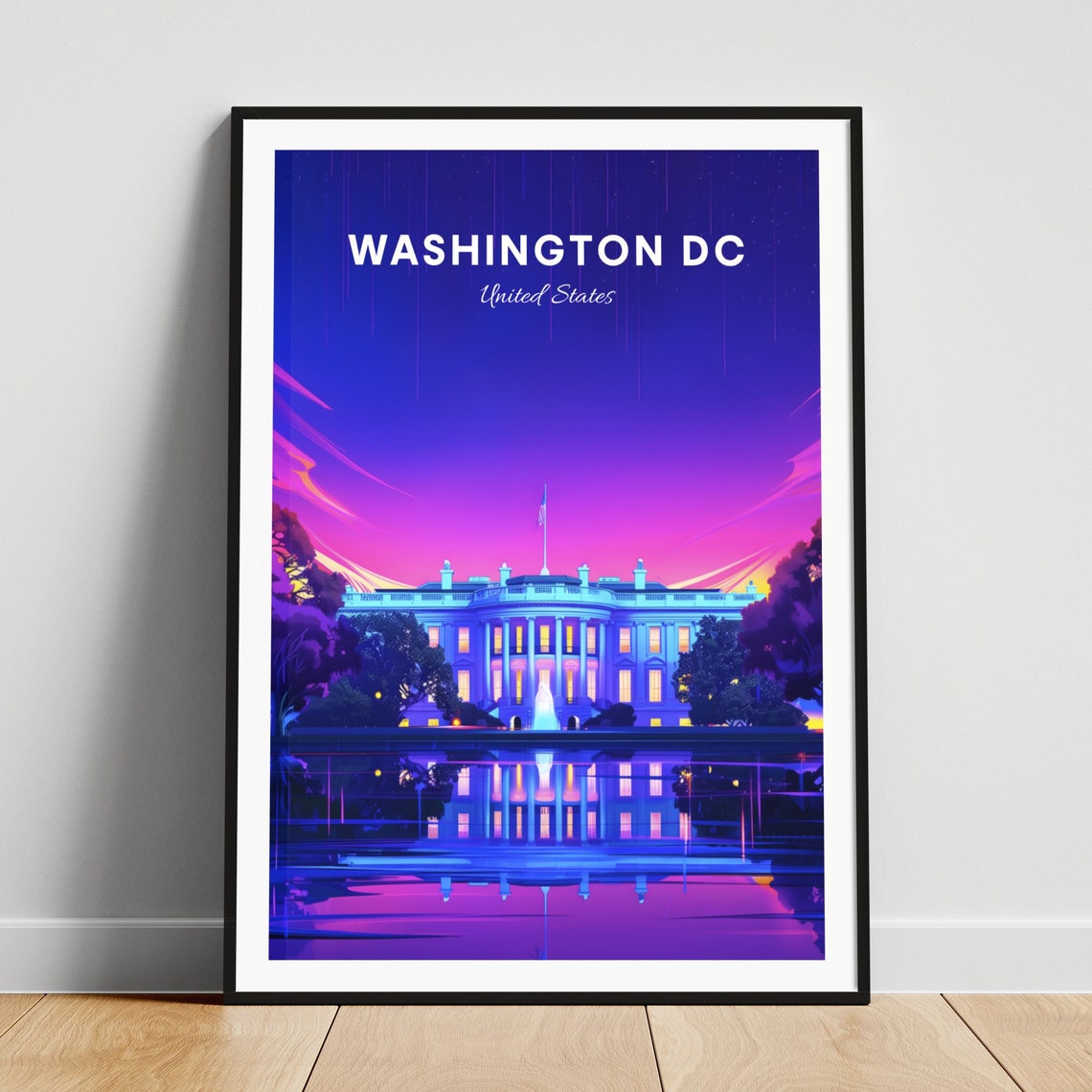 Washington DC White House Purple Night Sky Reflection Travel Poster