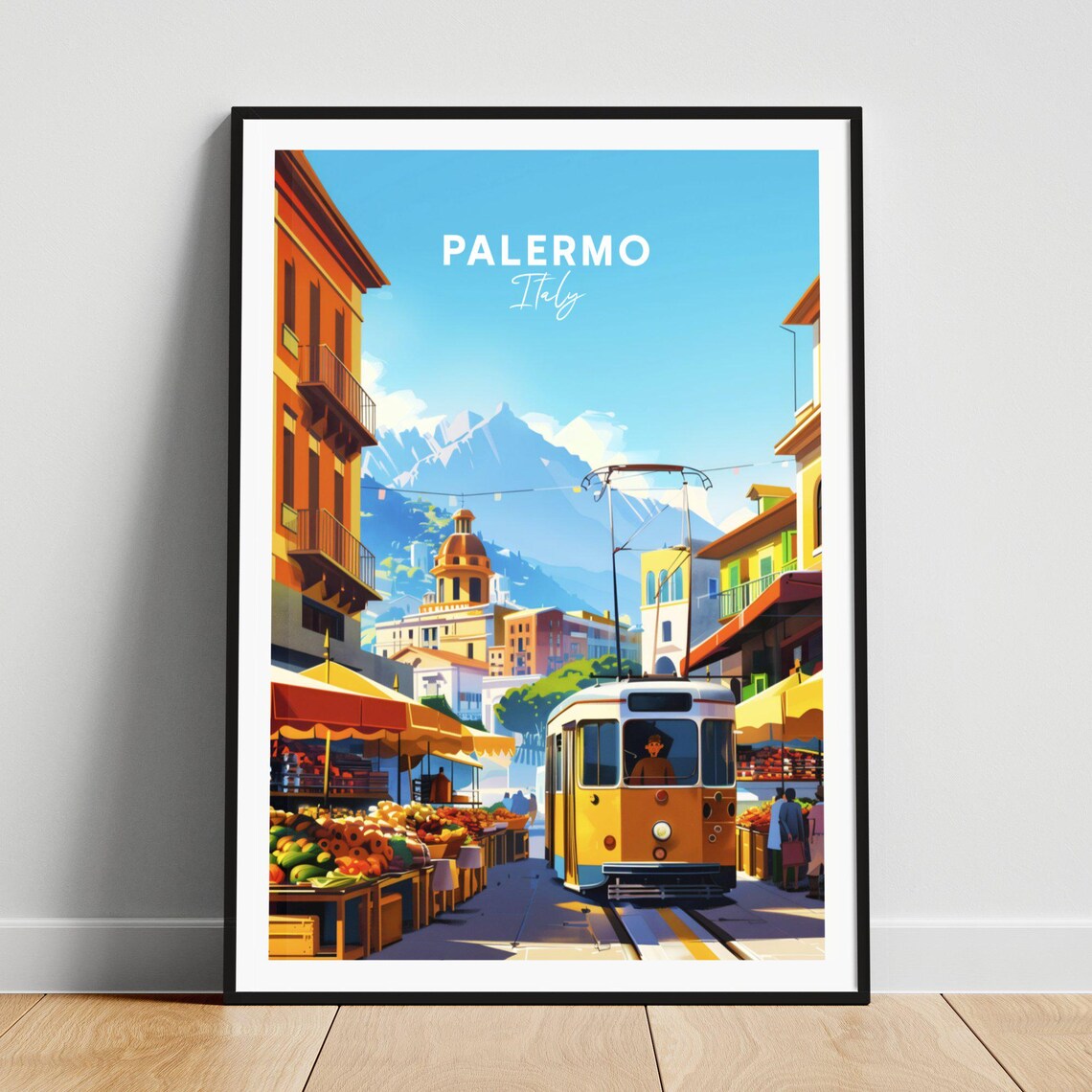 Palermo Italy Street Market Tram Mountain View Vintage Travel Poster