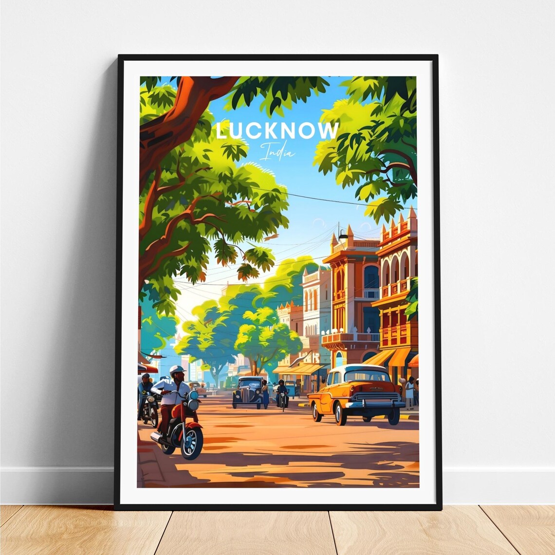 Lucknow India Colonial Street with Vintage Cars Travel Poster