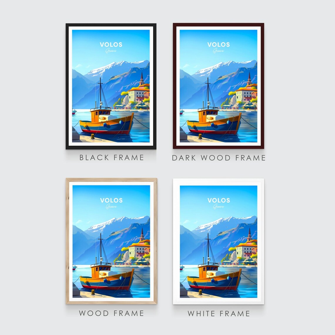 Volos Greece Fishing Boat Harbor Snow Mountains Travel Poster - Image 3