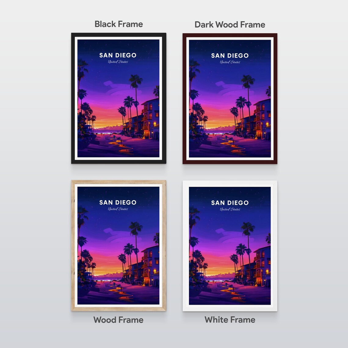 San Diego California Beach Boardwalk Twilight Palm Trees Travel Poster - Image 2