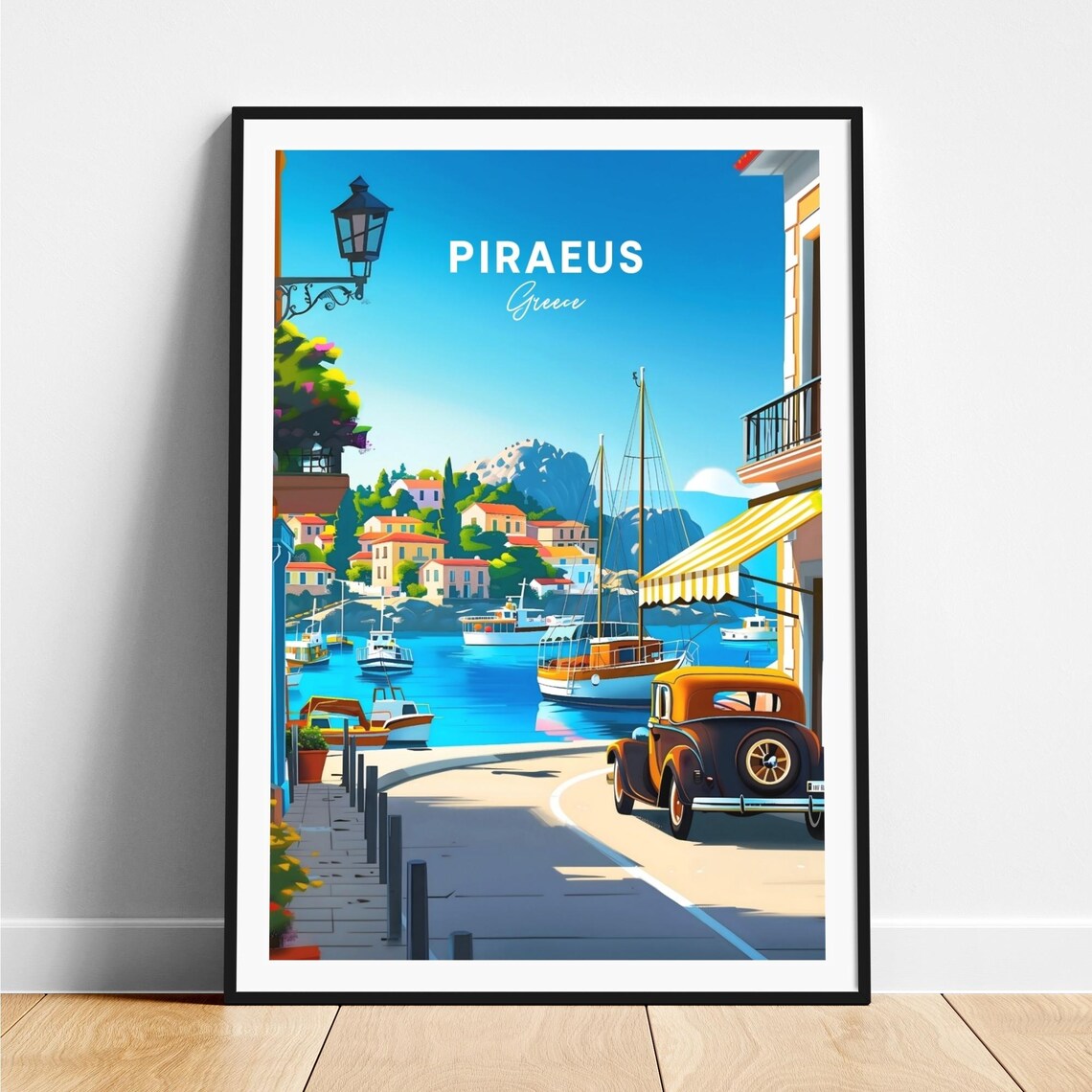 Piraeus Greece Harbor Boats Classic Car Sunny Day Travel Poster