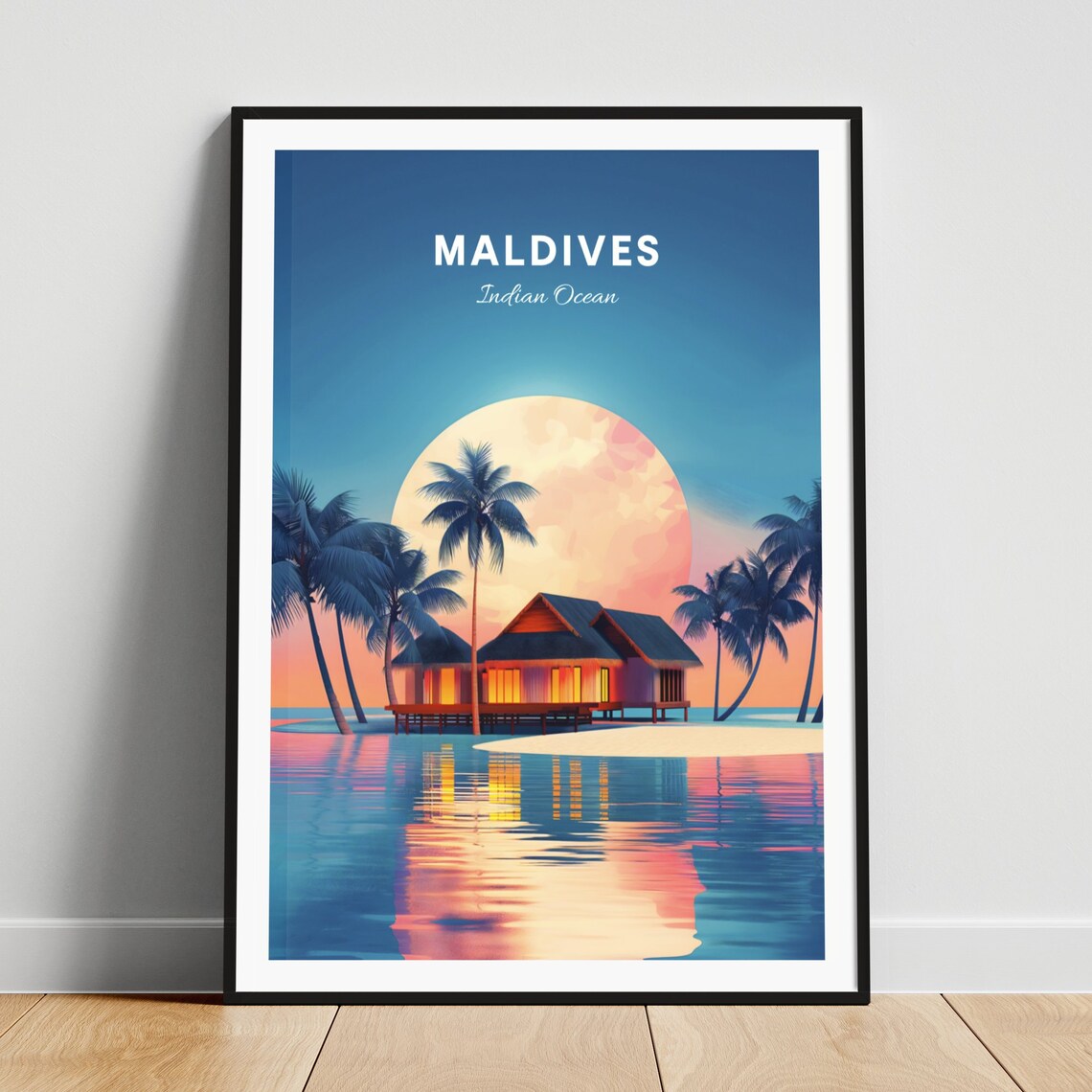 Maldives Indian Ocean Sunset Overwater Bungalow Travel Poster