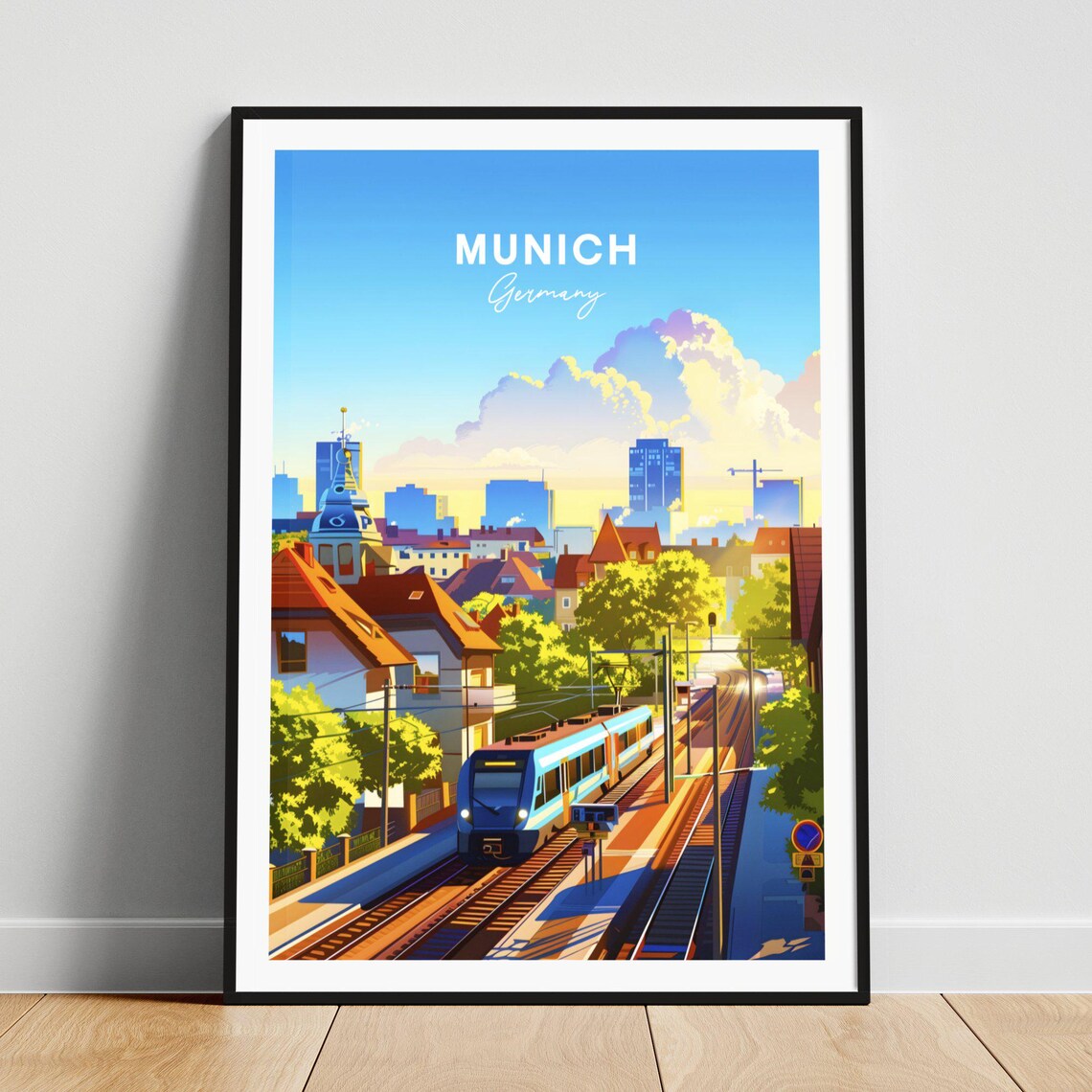 Munich Germany Train Railway Houses City View Vintage Travel Poster