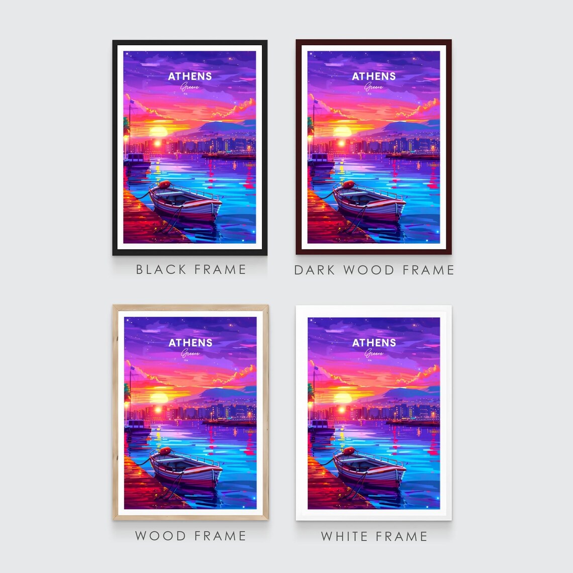 Athens Greece Neon Sunset Harbor Boat Glowing Water Travel Poster - Image 3