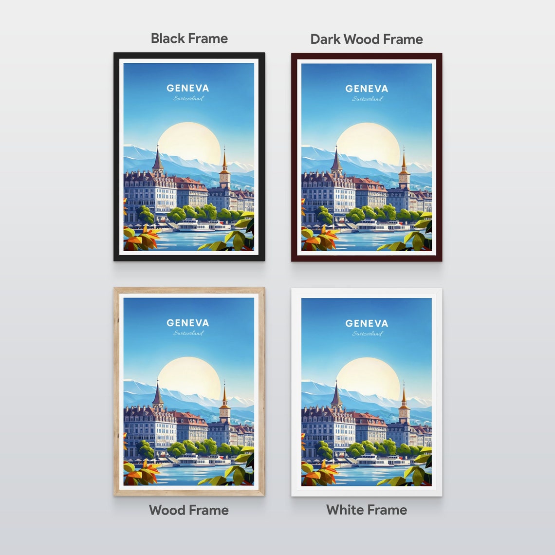 Geneva Switzerland Waterfront Old Town Church Towers Mountain Poster - Image 2